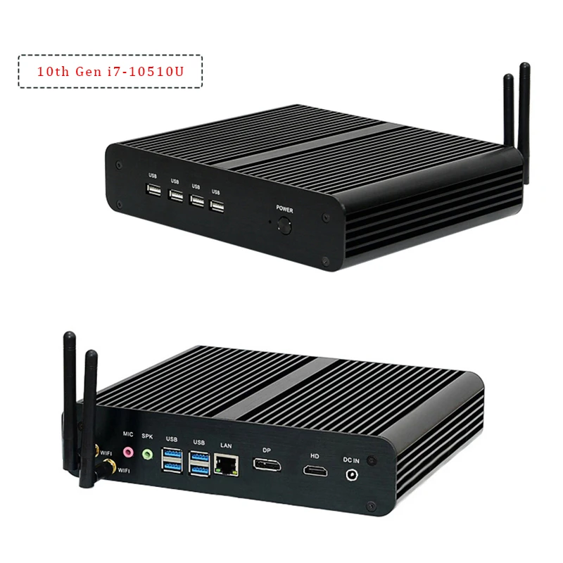 10th Gen Fanless Mini PC Intel Core i7 10710U 10510U Desktop PC Windows 10 2*DDR4 M.2 NVMe+Msata+2.5''SATA HTPC tablet HDMI DP-3