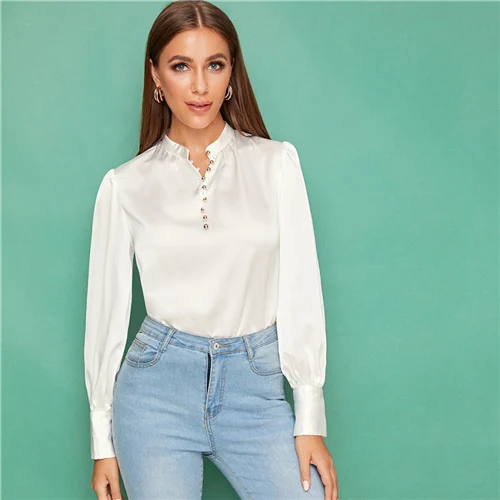 SHEIN белый пуговицы спереди Фонари рукав Атласный топ монотонная блузка Для женщин сезон осень, со стоячим воротником женские офисные элегантная абайя блузки - Цвет: Белый
