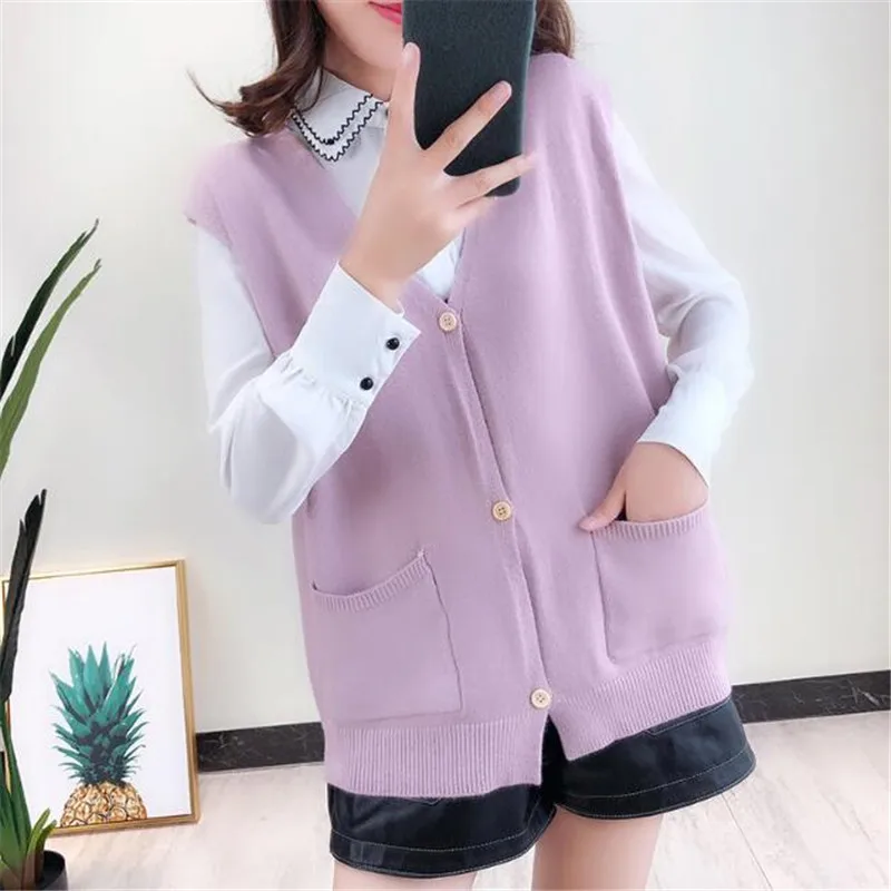 Pink Spring autumn horse clips vest women new Korean loose tops V collar knitt student sweater cardigan coat female sleeveless vest - Color: Pink