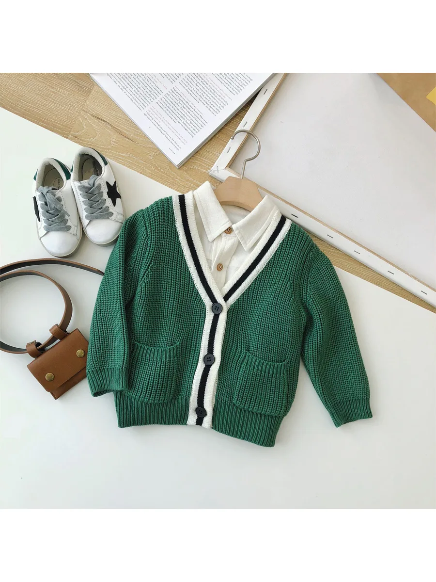 

Chen Mother Infant Children's Clothing Autumn Clothing Handsome Baby Sweater Cardigan College Style Contrast Color Boys' Sweater