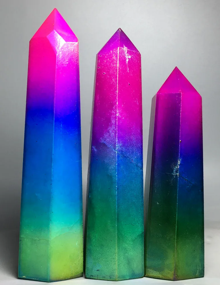 

729g 3pcs Natural healing rainbow mixed color electroplating aura crystal points wand