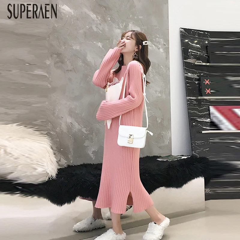 SuperAen Harajuku модное женское трикотажное платье в Корейском стиле, однотонное, осень и весна, женское платье, новая женская одежда