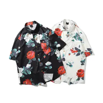 

Men's rose Flower Printed Shirts Male Short Sleeve Floral Shirt Men Basic Tops Casual homme Shirts tops