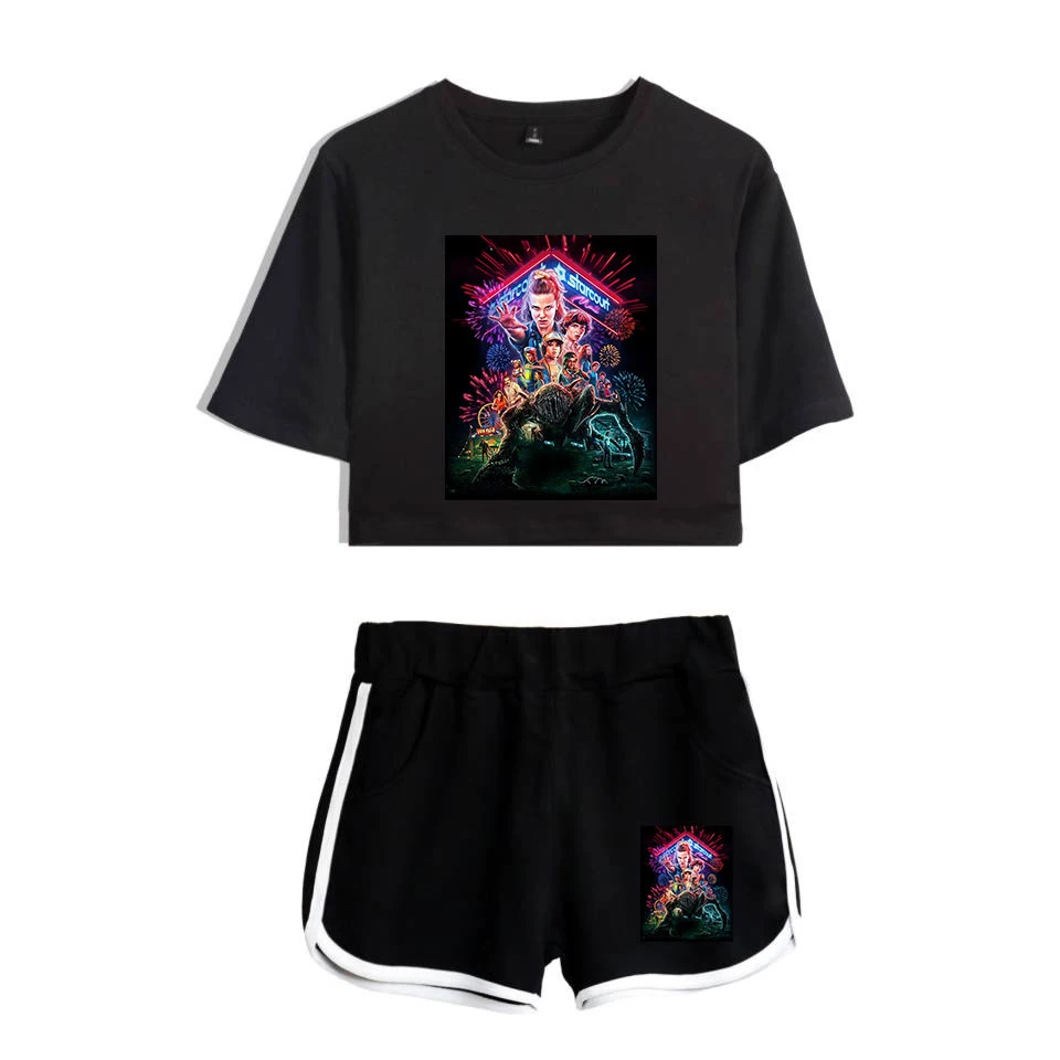 

Girl's Tshirt Stranger things Season 3 Cover print Two pieces sets Dew navel Tshirt+Shorts Women Fashion Home Suit Sweatshirt