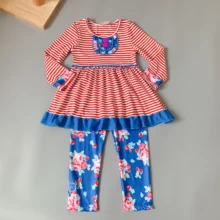 Красный длинный рукав в полоску, платье и синие штаны с цветочным принтом, комплект с рюшами, розовая полосатая одежда для малышей комплекты для девочек