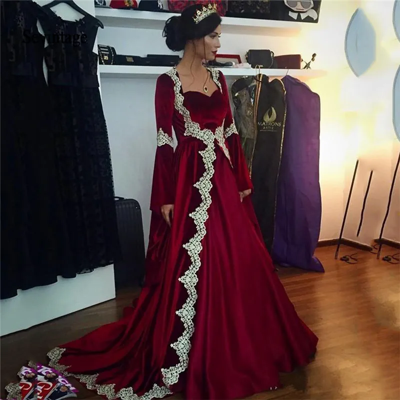 

Sevintage Burgundy Velvet Muslim Evening Dresses Long Flare Sleeves Lace Applique Saudi Arabic Formal Woman Party Dress
