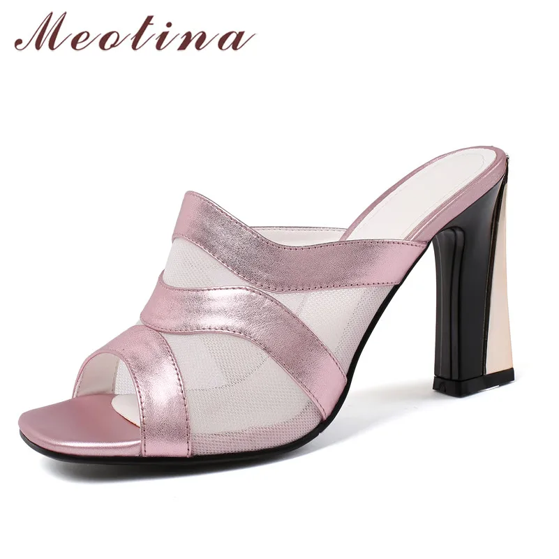 

Meotina Transparent Natural Genuine Leather High Heel Slippers Peep Toe Thick High Heel Slides Women Sandals Summer Lady Sandals