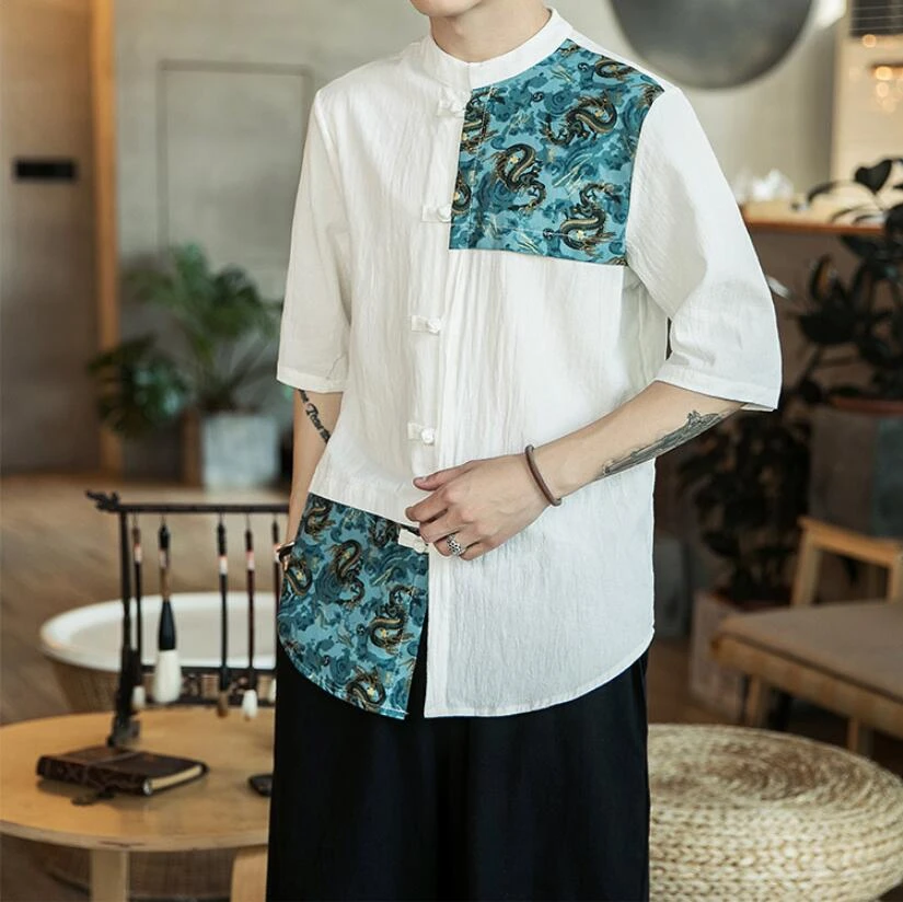 0536 Summer Cotton Linen Shirt For Men Patchwork Stand Collar Casual Vintage Short Sleeve Shirt Loose High Quality Fashion 5XL