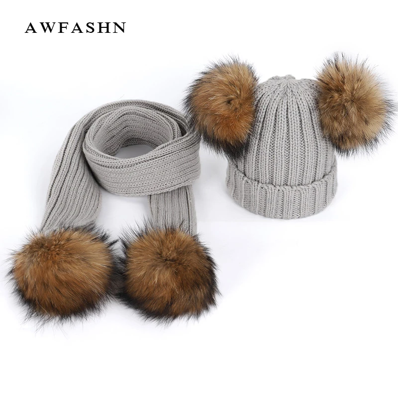 

New Cute Children's Raccoon Fur pom poms Knit Beanie Hat Scarf Boy Girl Winter Thicken Hedging Cap Scarves Soft Ski Baby Kids