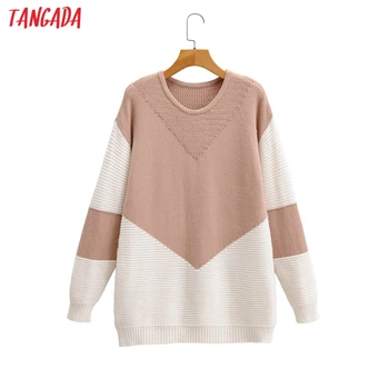 

Tangada Women 2020 Fashion Elegant Color Block Knitted Sweater jumper O Neck Female Oversize Pullovers Chic Tops SY155