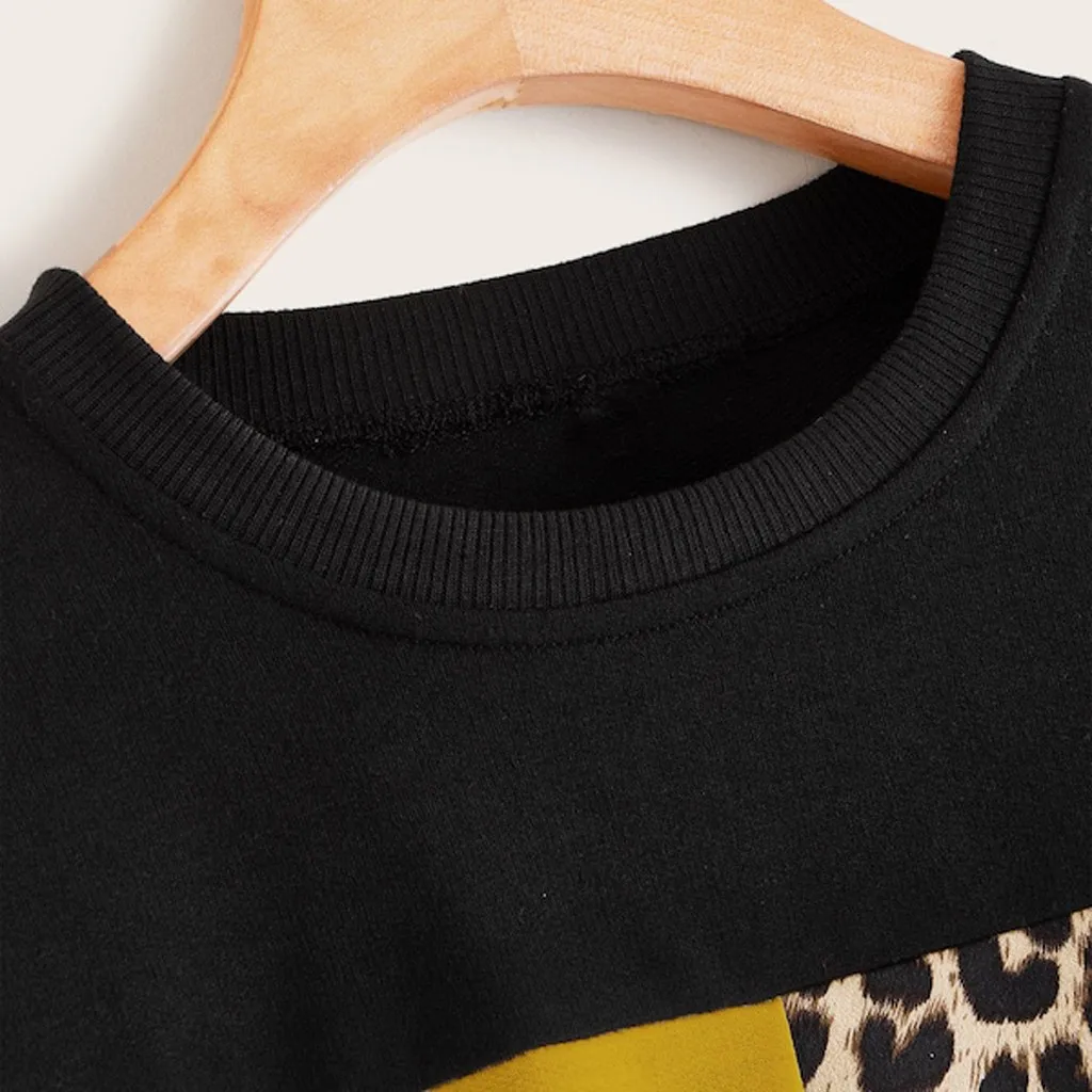 Women Sweatshirt Autumn pullovers Leopard Print O-Neck Patchwork long sleeve Cotton Long Sleeve Tops for female sudadera mujer