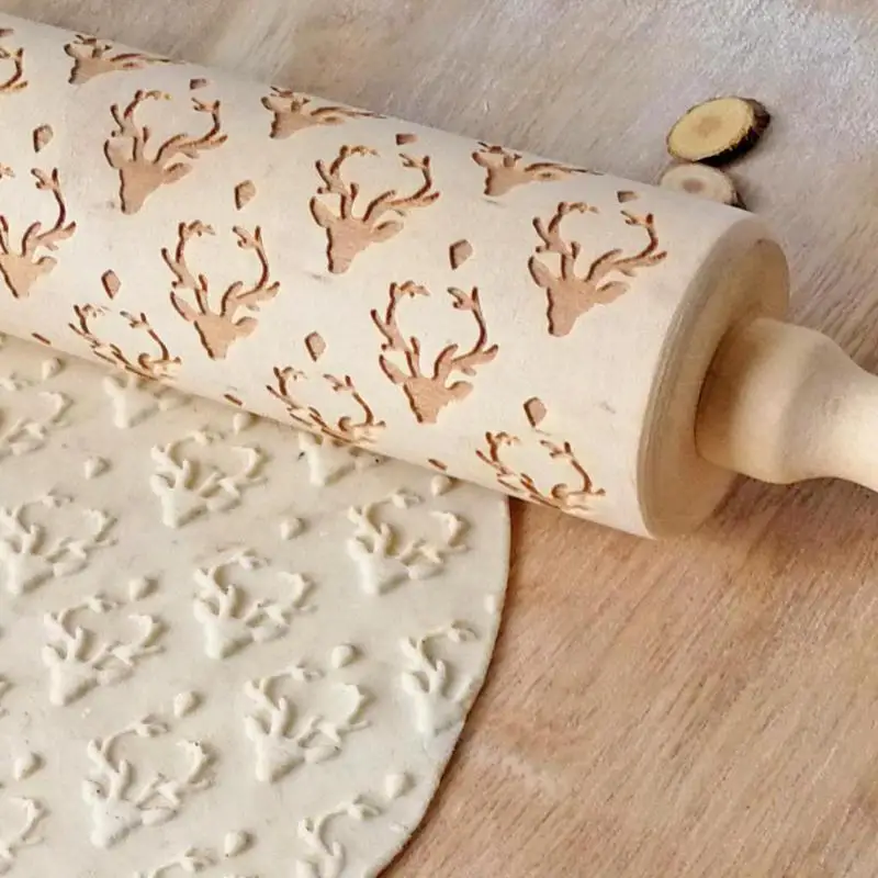 Рождественская рельефная деревянная скалка для выпечки печенья, печенья, торта, теста с гравировкой, деревянная резная палочка, кухонный инструмент для приготовления пищи