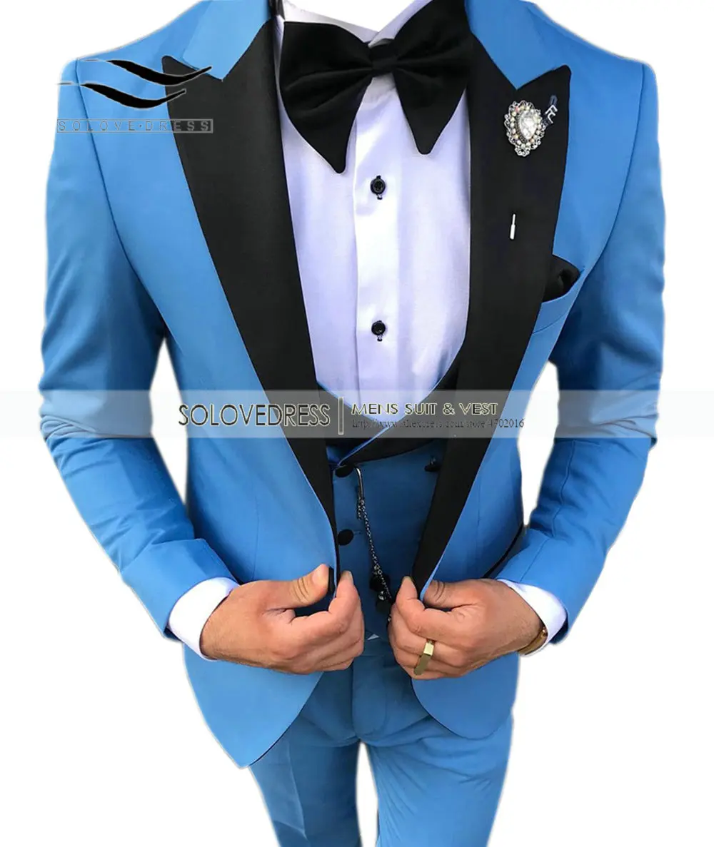 Blue Новинка, модный мужской костюм, 3 предмета, v-образный вырез, для отдыха, с отворотом, двубортный смокинг, мужские свадебные костюмы(пиджак+ брюки+ жилет - Цвет: Blue