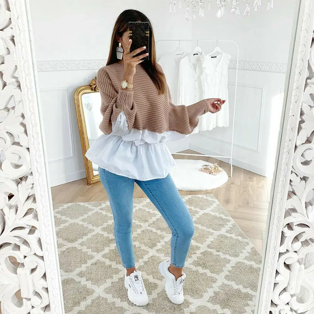 2019 Fashion Womens Long Sleeve Patchwork Pullover Tops Ladies Casual Loose Sweater Blouse | Женская одежда