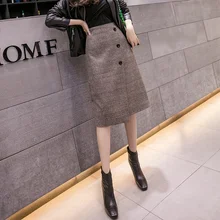 Зимние женские юбки в клетку, шерстяные, высокая талия, в клетку, облегающие, уличная одежда, пуговицы, длина до колена, пуговицы средней длины, асимметричная одежда с запахом