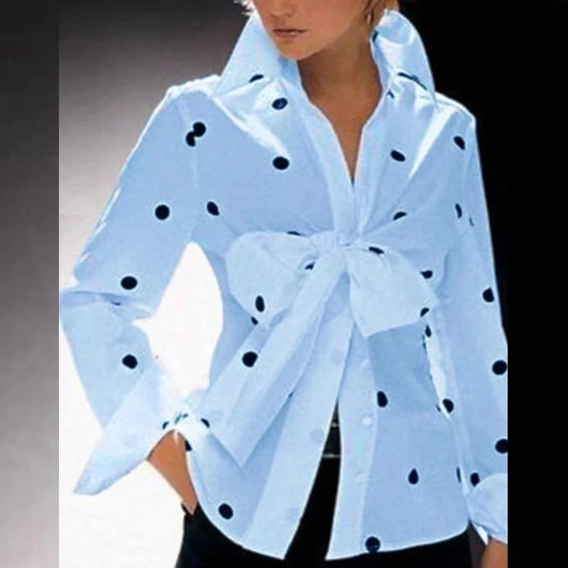 Blusa de oficina de manga larga con botones para mujer, camisa elegante estampado de lunares, vuelto, lazo, y otoño, - AliExpress