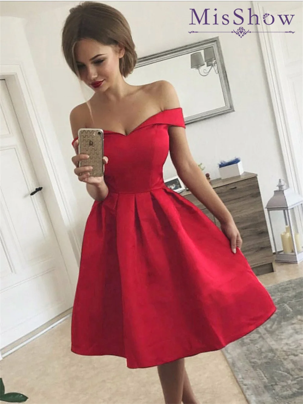 

MisShow 2022 Women's Sexy Off-the-shoulder Casual Solid Red Dress Knee-Length Soft Satin Aline Dress for Women Party Dinner Club