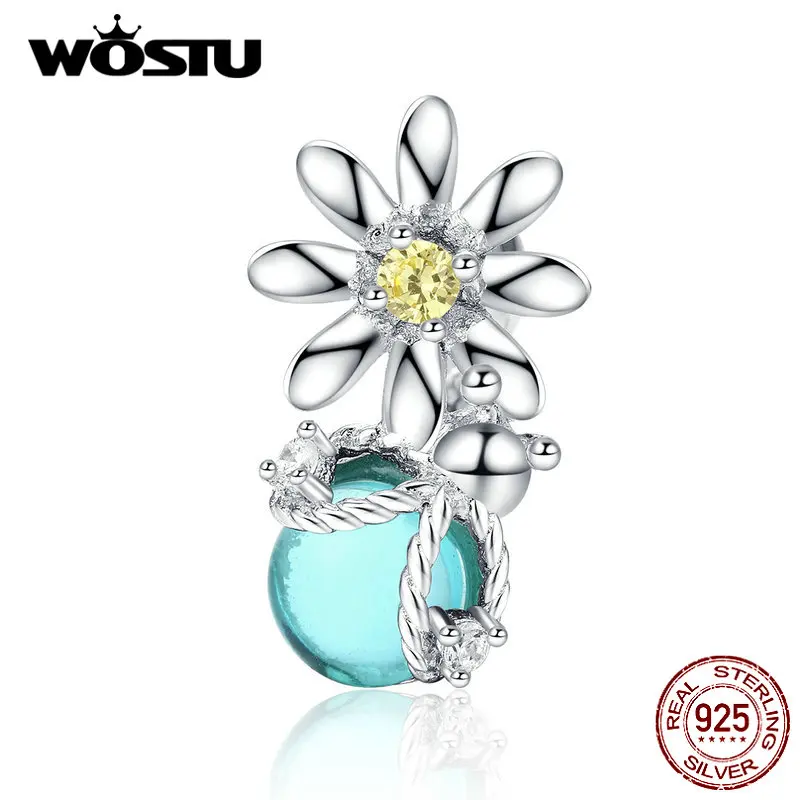 WOSTU, 925 пробы, Серебряный цветок маргаритки и светлячки, бусины, шарм, подходит к оригинальному браслету, подвеска, хорошее серебро, 925, ювелирное изделие, DXC1369