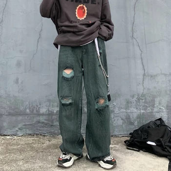 

Hole Frayed Straight Jeans Pants Mens Streetwear Washed Retro Casual Vaqueros Hombre Ripped Jeans for Men Hip Hop Denim Trousers