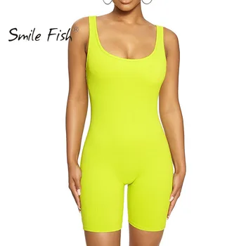 

Sleeveless Ribbed Summer Women Playsuits Neon Solid Rompers Sexy Strapless Skinny Bodycon Shorts Femme Sporty Tracksuit G1527