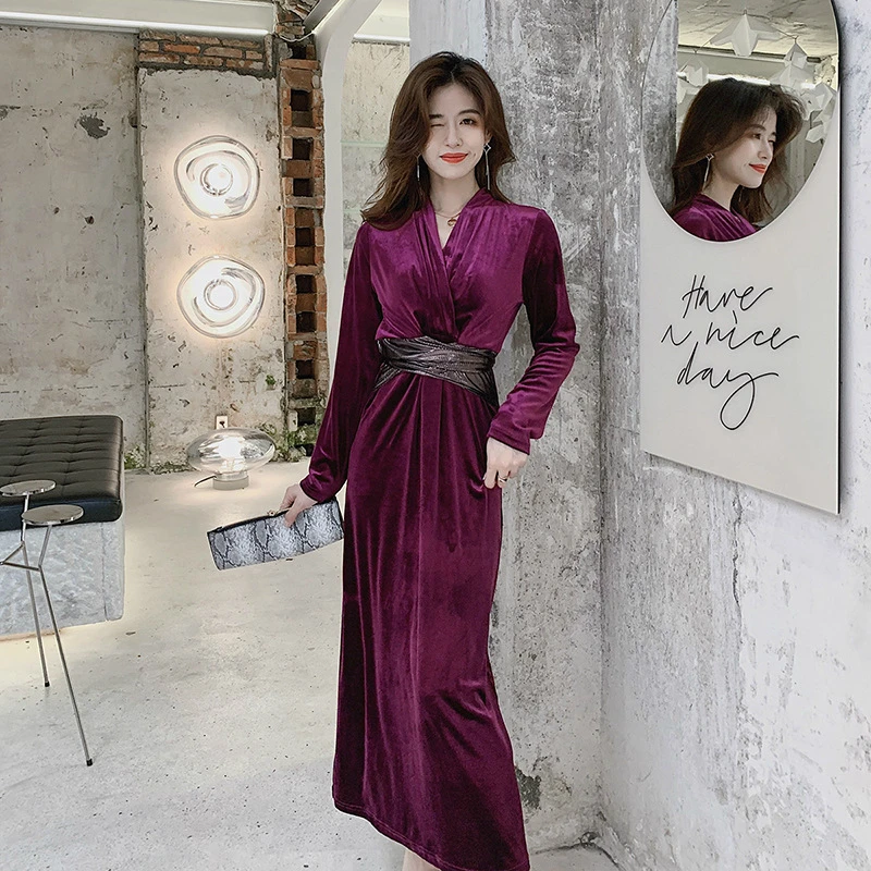 S-XL размера плюс женское с поясом длинным рукавом фиолетовое платье элегантное