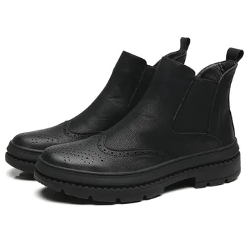 

men casual banquet nightclub dress brogue chelsea boots black platform genuine leather tooling shoes gentleman ankle boot botas