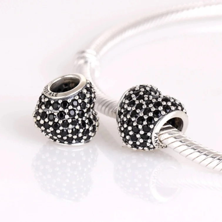 Подлинное серебро 925 пробы Любовь Сердце проложить Черный CZ бисера fit Pandora