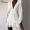 DICLOUD Sexy Plunge V Neck Women's Summer Dress White Lace Long Sleeve Mini Wedding Party Dress Ruffle Elegant Clothes 2021 1