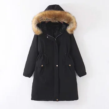

European Women's 2019 Winter Parka Long Fur Collar Drawstring Waist Winter Jacket Women Hooded Cotton Black Army Coat Women