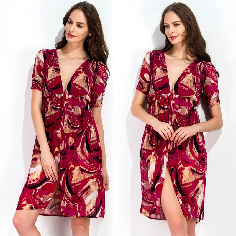 

2019 Summer Wear New Style Europe And America Chiffon Printed Deep V-neck Slit Dress Beach Skirt