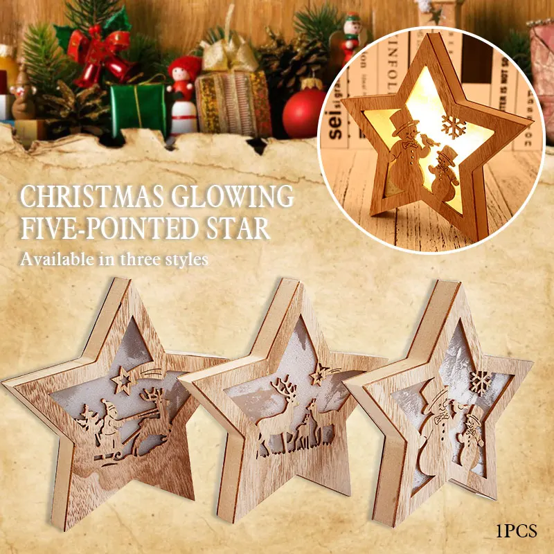 

Christmas Wooden Pentagram Christmas Wooden Star LED Lights Xmas Tree Home Decoration Ornaments Creative Luminous