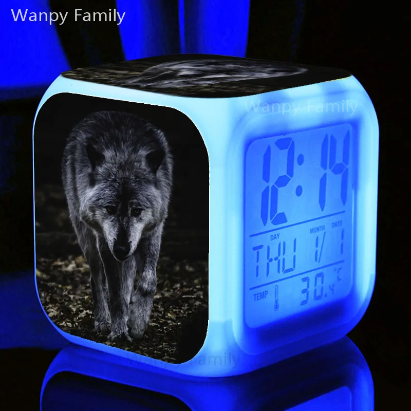 [Wanpy family] Будильник Arctic Wolf для детской комнаты, прикроватной тумбочки для спальни, настольные часы, меняющие цвет, цифровой будильник