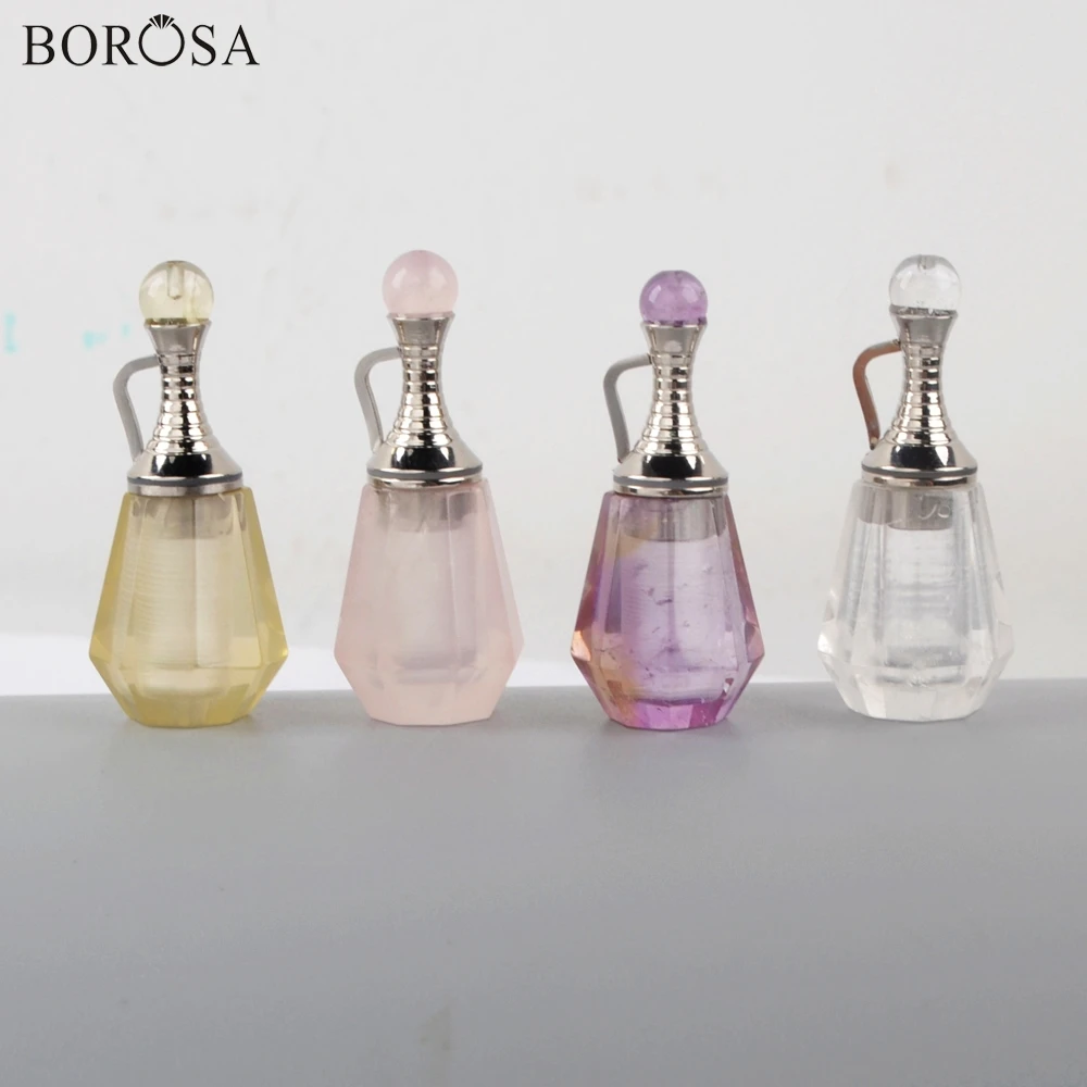 

BOROSA Silver Plated Natural Gems Stone Perfume Bottle Pendant White Pink Quartz Essential Oil Diffuser for Necklace WX1224
