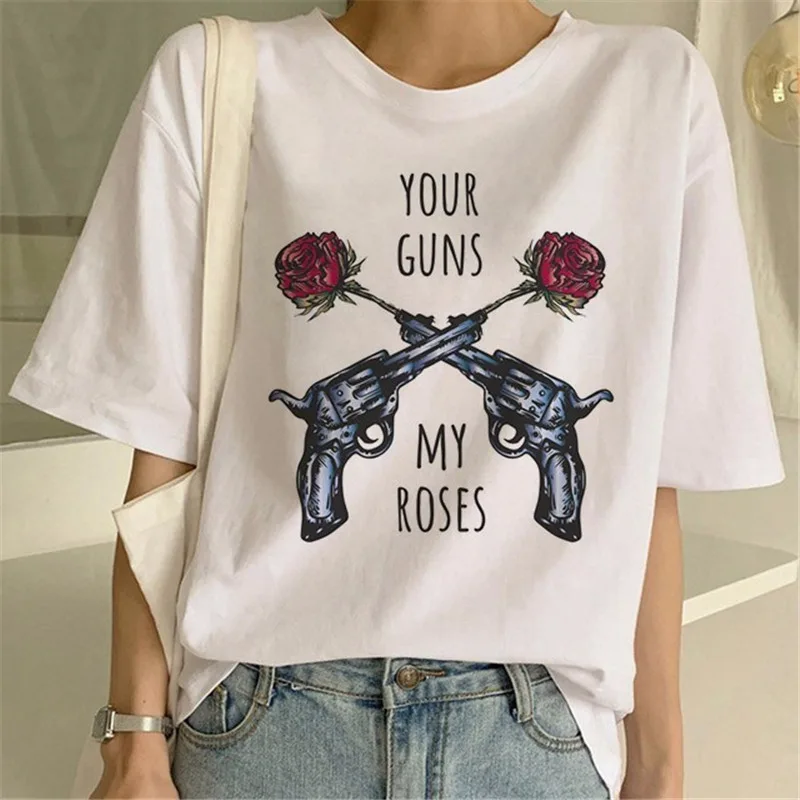 Женская футболка Guns N Футболка с розами модные сапоги в панковском стиле белая