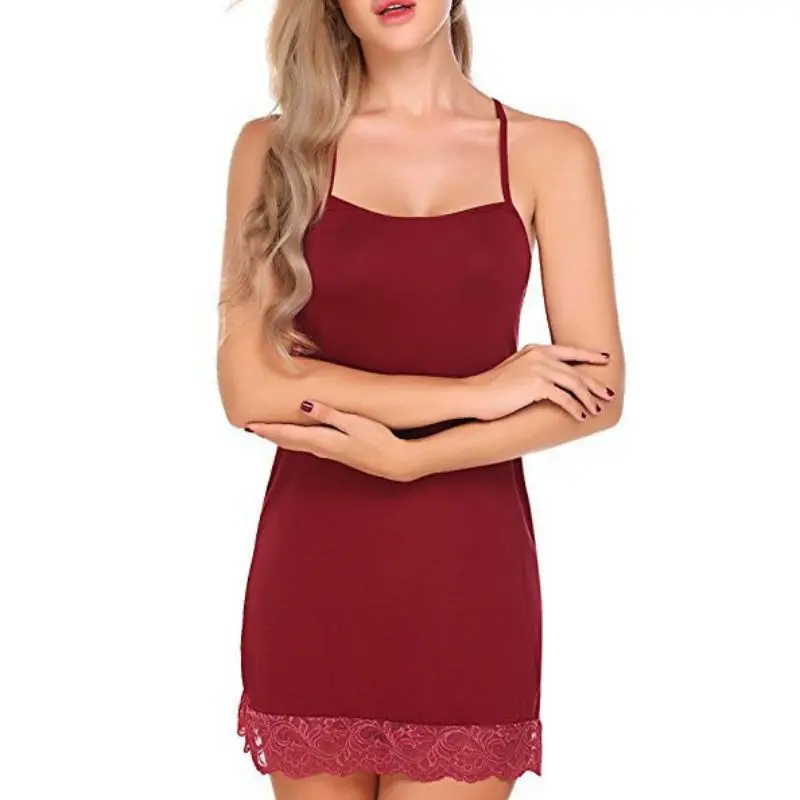 

Women Nightgowns Sexy Solid Color Sling Nightdress New Hollow Out Lace Hem Sleep Dress 2020