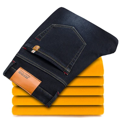 3081 Blue black Зимние новые мужские теплые джинсы деловые повседневные эластичные плотные тонкие джинсовые штаны брендовые черные брюки плюс размер 40 42 - Цвет: 3081 Blue black