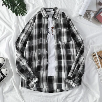 

Men Shirt Long Sleeve Plus Size BF Vintage Autumn Plaid Clothing Mens Shirts Japanese Streetwear Novelty Harajuku Clothes Soft