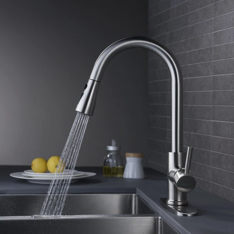  New-Single Handle High Arc Pull Out Brushed Nickel Kitchen Faucet Stainless Steel Sink Faucets with - 4000347634245