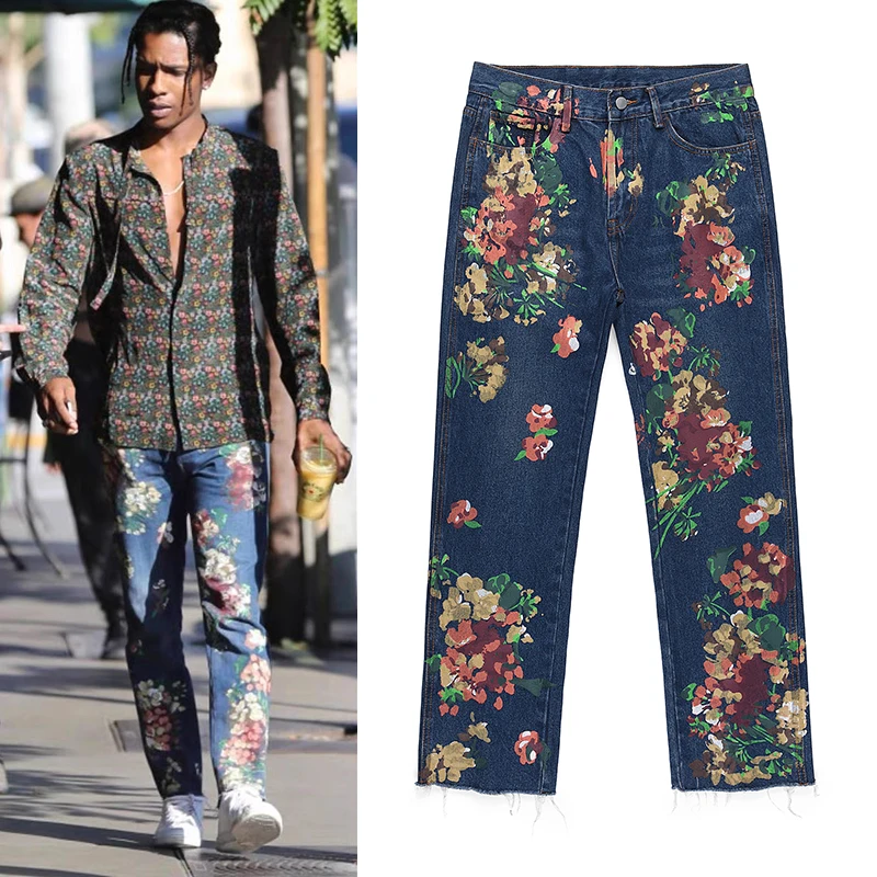 

High Street Flower Print Distrested Patchwork Washed Jeans Pants Mens Retro Straight Oversized Ripped Casual Denim Trousers