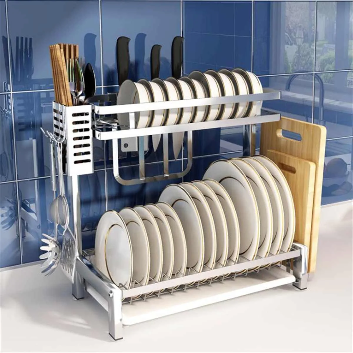 

New 304 Stainless Steel 2/3 Tier Dish Drying Rack Kitchen Shelf Drying Drain Storage Knife Plate Dish Rack Kitchen Organizer