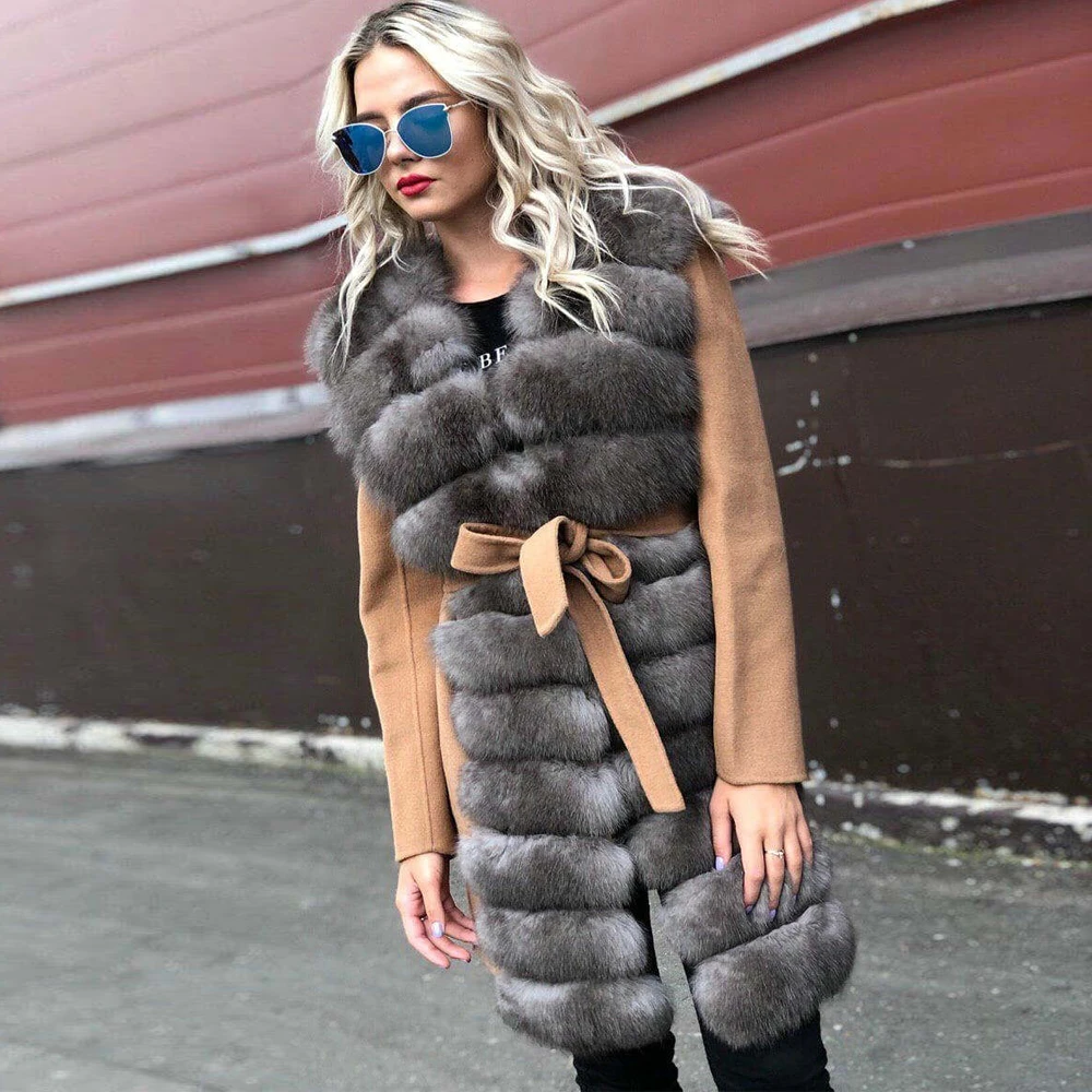 Fashion Long Fox Fur Cashmere Coat with Belt Slim Women Winter New Wool Blends Coat with Long Fox Fur Collar Natural Overcoats