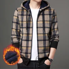 Warm Men's Wool Winter Cardigan Autumn Thick Patchwork Hooded Collar Long Sleeve Sweaters Knitted Casual Male Jacket pull homme