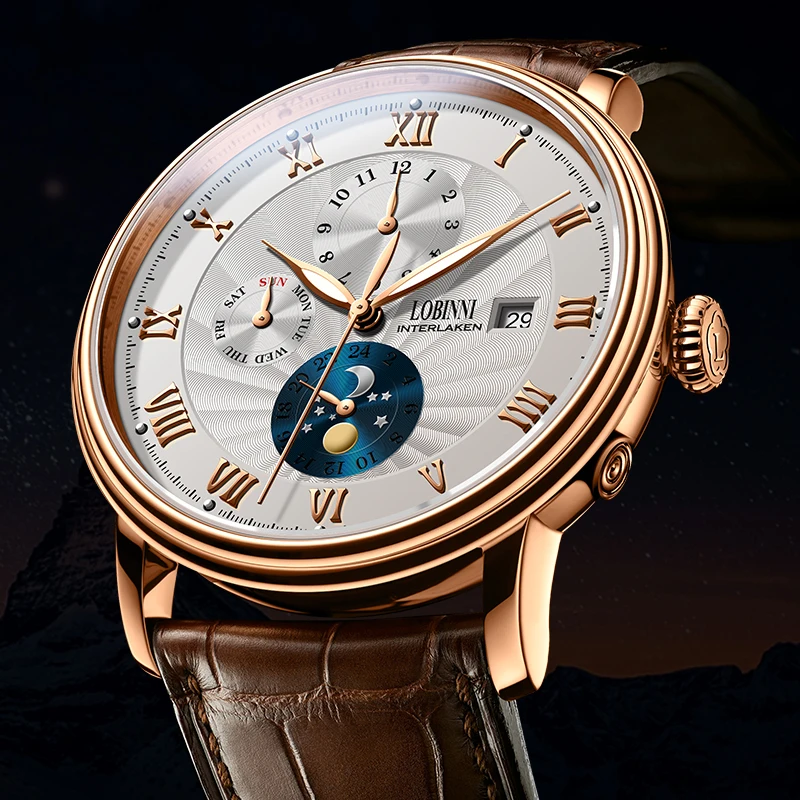LOBINNI мужские часы модный бренд наручные часы Чайка автоматические механические часы сапфир фаза Луны relogio masculino L1023B-2