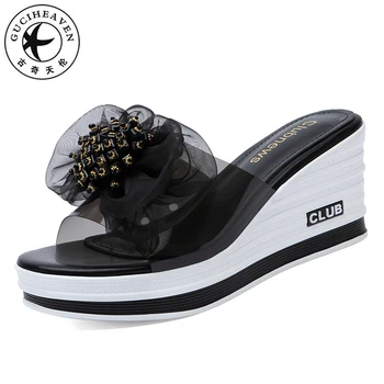 

Guciheaven Peep Toe Beige Black Wedges High Heel Women Sandals Causal Lady Slippers With Black Beige Butterfly-knot Decoration