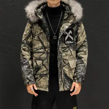 

Men's Winter Loose Fur Collar Jacket Hooded Casual Fashion Camouflage Print Thick Jacket Winter Clothes Men Warm Parka S-3XL