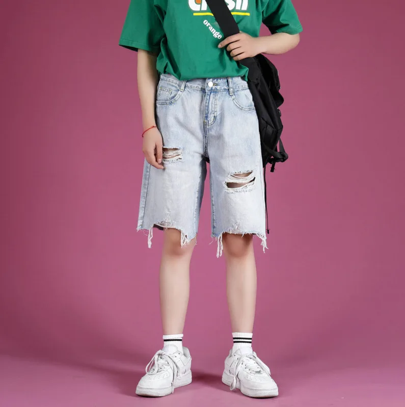 

2020 Summer New Youth Popular Washed Men's Broken Hole Loose Large Size Denim Shorts Fashion Casual Ins Five-point Pants