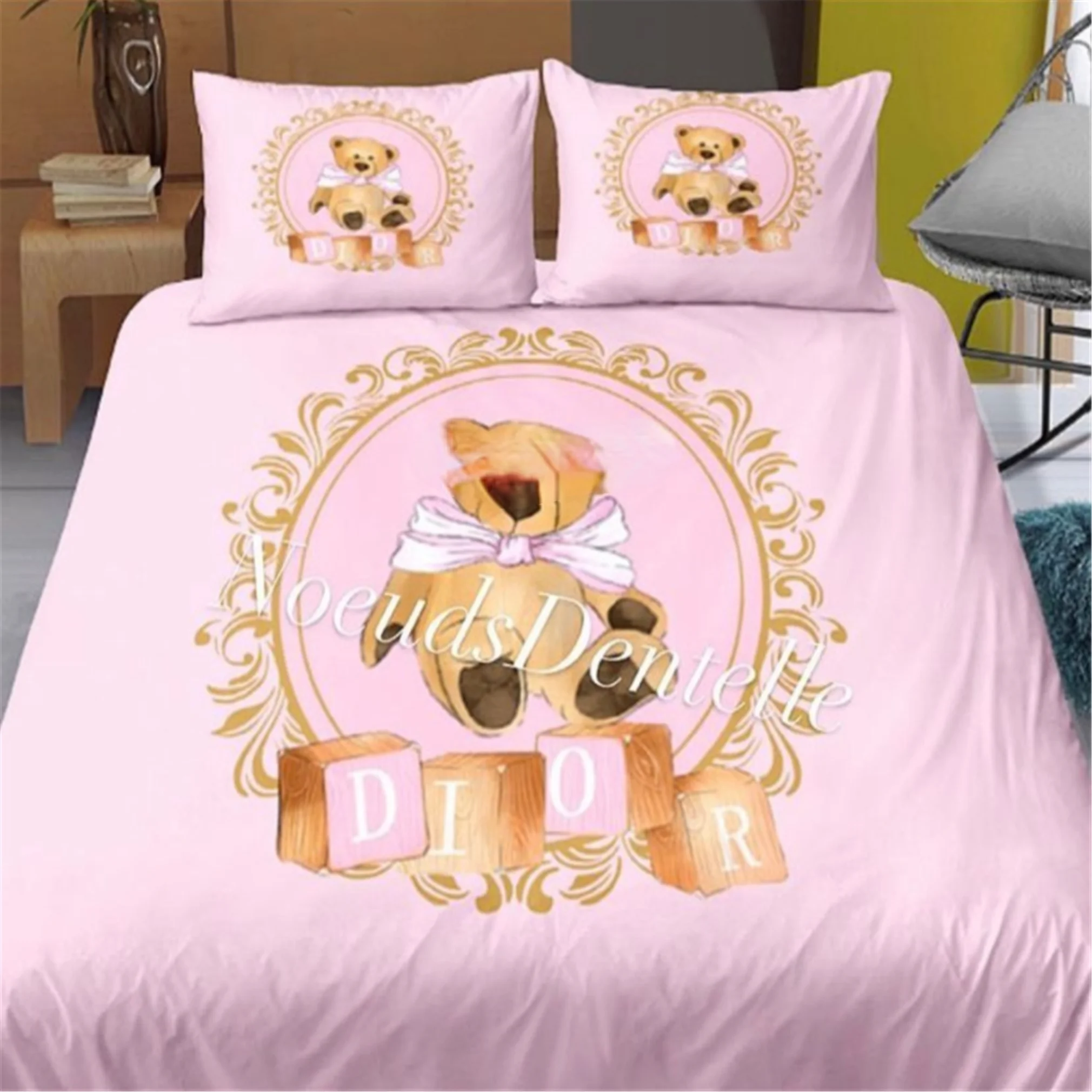 Home Textile Teddy Bear Flower Pattern Bedding Set Simple Bedspread Pillowcase Home Textile Children Adult Bedroom Decoration 4