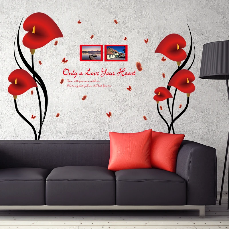 Diy Romantic Red Anthurium Flowers Butterfly Wall Stickers Photo Frame Quotes Home Decor Removable Vinyl Pvc Bedroom Deco Decals Wall Stickers Aliexpress