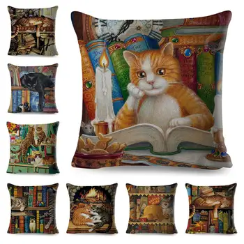 

45x45cm Cute Books Cats Throw Pillow Case Cushion Cover Sofa Bed Cafe Decor