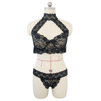 

Sexy Lace Deep V Hollow Hanging Neck Sexy Suit Solid Color Embroidery Bra + Briefs